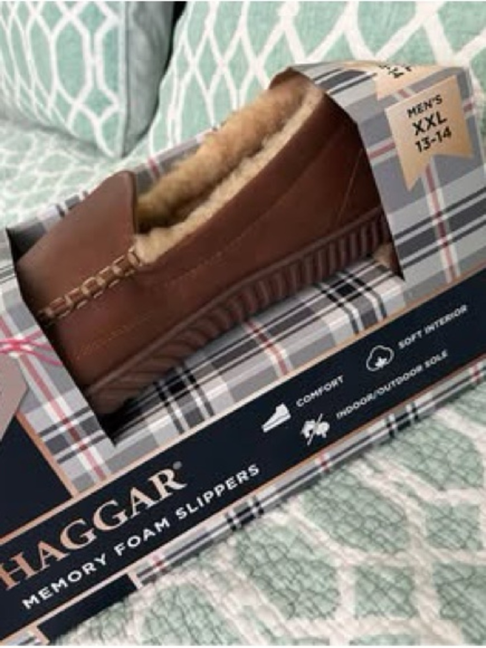 Haggar Men's Brown Slip-On Memory Foam Slippers with Shearling Lining